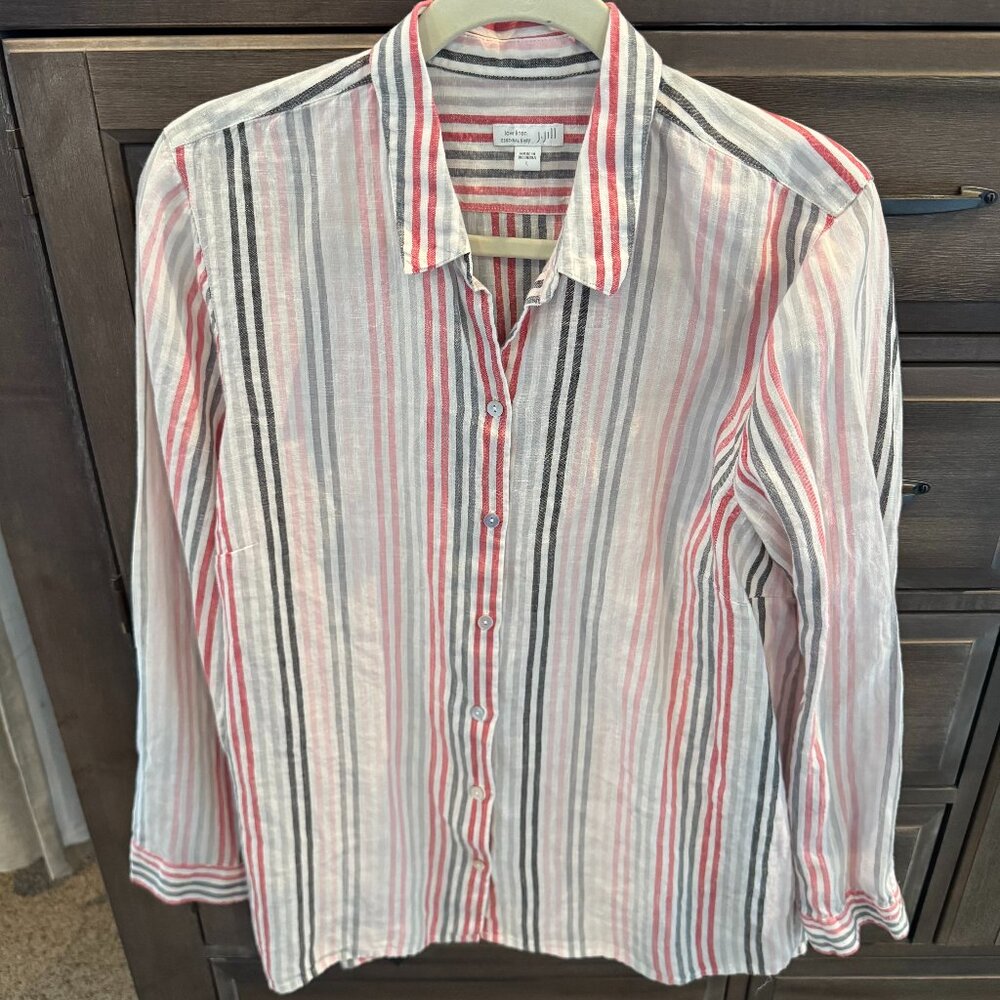 J.Jill Love Linen Essential Shirt Striped Button Down Red Gray White Large
